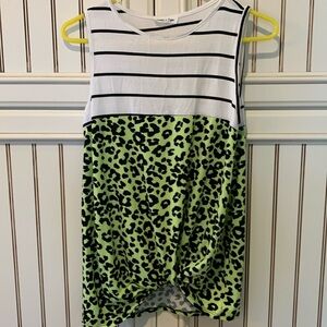 Cute sleeveless, top lime, green, cheetah print, and black-and-white stripes